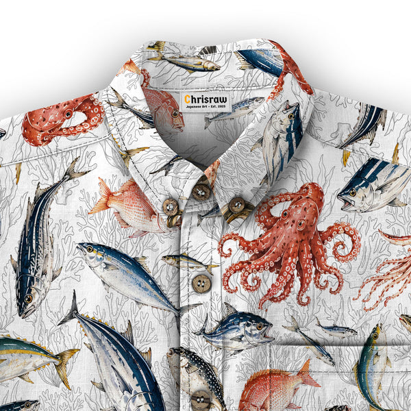 Chrisraw Men's Japanese Sea Fish Ukiyo-e Short Sleeves Shirt