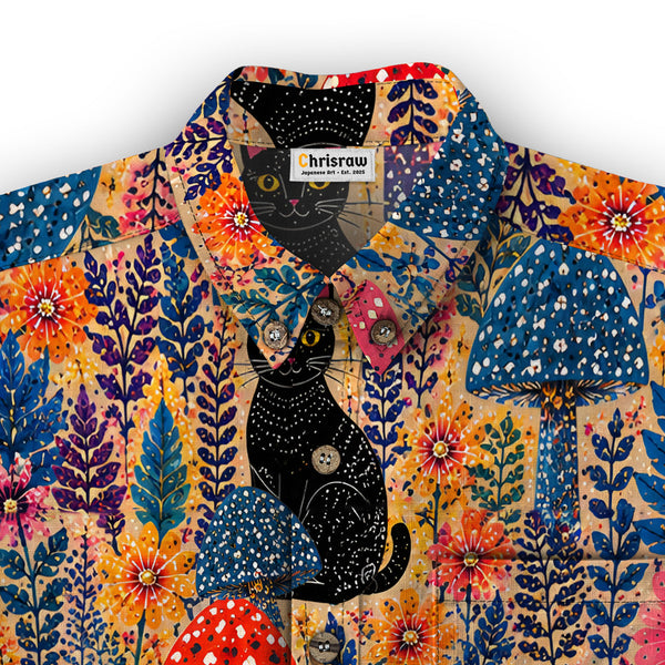 Chrisraw Men's Japanese Yayoi Kusama Forest Cat Ukiyo-e Short Sleeves Shirt