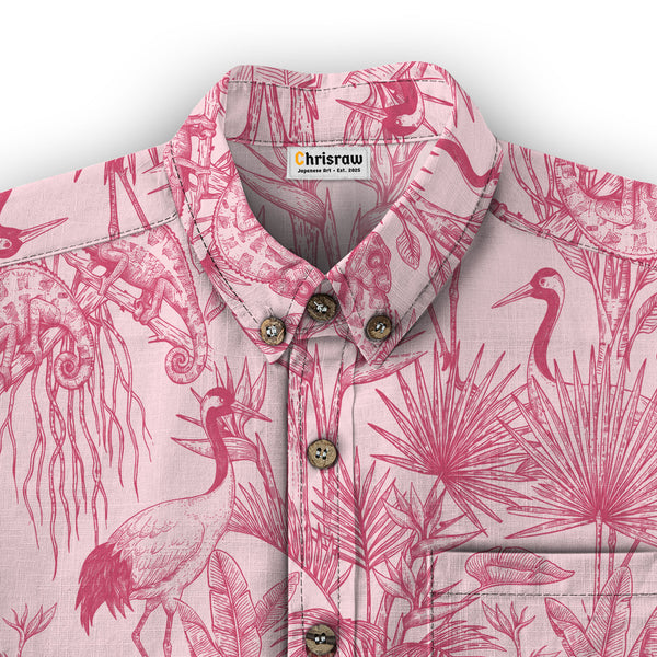 Chrisraw Men's Japanese Crane Garden Ukiyo-e Short Sleeves Shirt