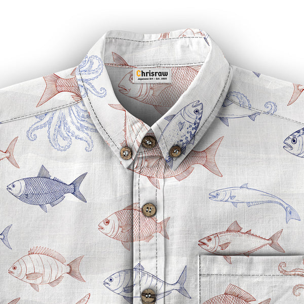 Chrisraw Men's Japanese Sea Fish Ukiyo-e Short Sleeves Shirt