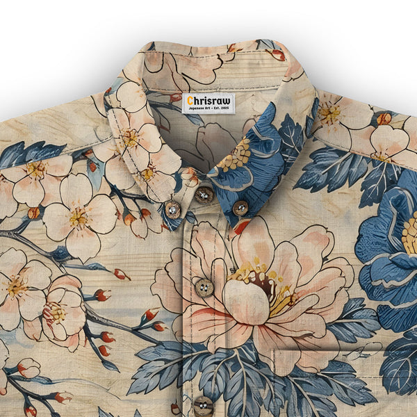 Chrisraw Men's Japanese Vibrant Floral Ukiyo-e Short Sleeves Shirt