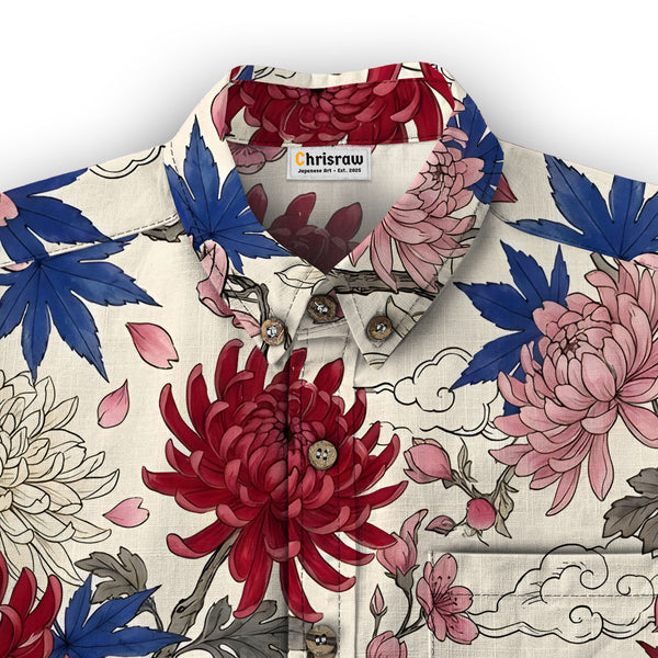 Chrisraw Men's Japanese Vibrant Floral Ukiyo-e Short Sleeves Shirt