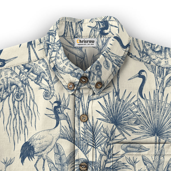 Chrisraw Men's Japanese Crane Garden Ukiyo-e Short Sleeves Shirt