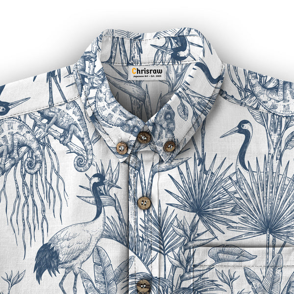 Chrisraw Men's Japanese Crane Garden Ukiyo-e Short Sleeves Shirt