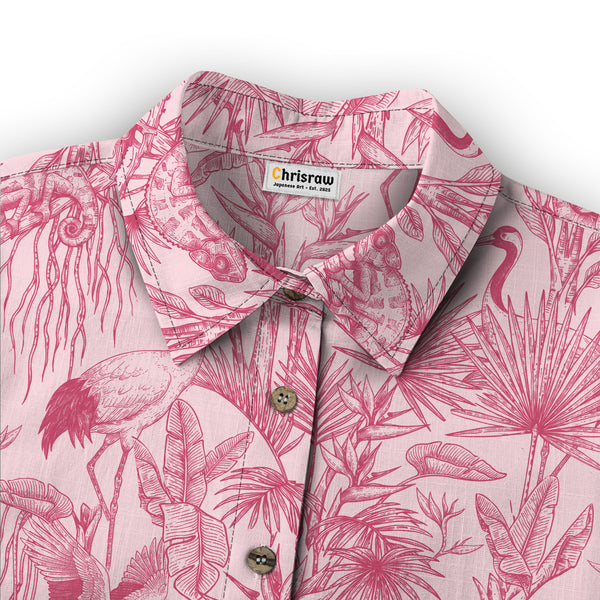 Chrisraw Women's Japanese Crane Garden Ukiyo-e Short Sleeves Shirt