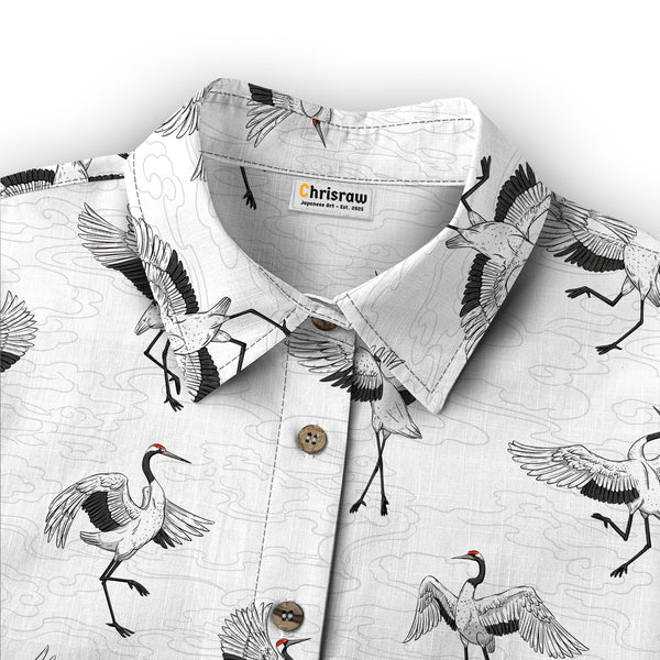 Chrisraw Women's Japanese Crane Dance Ukiyo-e Short Sleeves Shirt