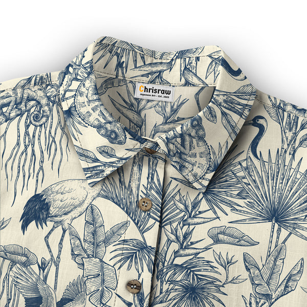 Chrisraw Women's Japanese Crane Garden Ukiyo-e Short Sleeves Shirt