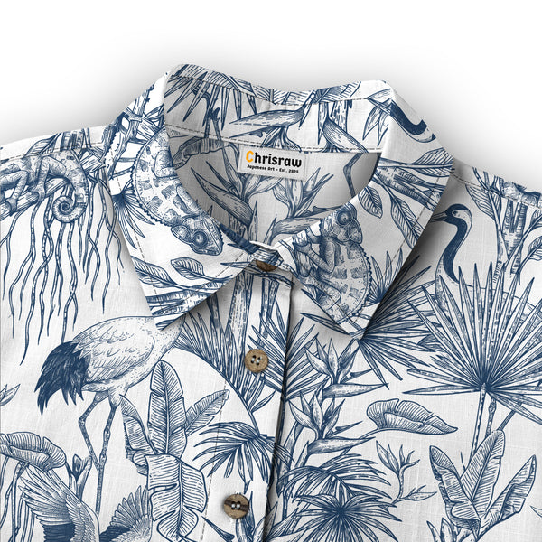 Chrisraw Women's Japanese Crane Garden Ukiyo-e Short Sleeves Shirt