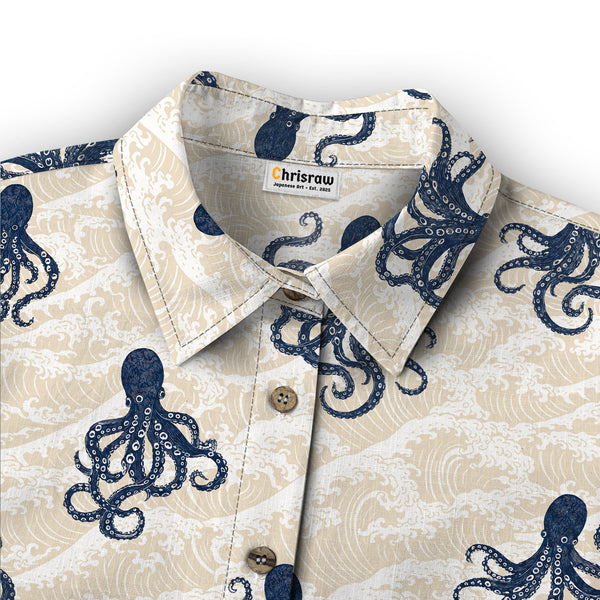 Chrisraw Women's Japanese Octopus Wave Ukiyo-e Short Sleeves Shirt