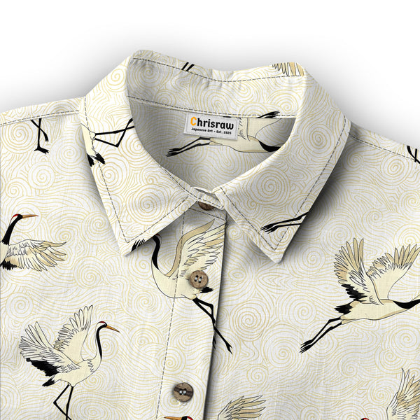 Chrisraw Women's Japanese Crane Dance Ukiyo-e Short Sleeves Shirt