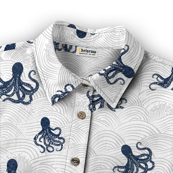 Chrisraw Women's Japanese Octopus Wave Ukiyo-e Short Sleeves Shirt