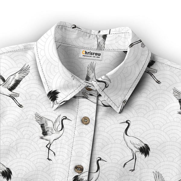 Chrisraw Women's Japanese Crane Dance Ukiyo-e Short Sleeves Shirt
