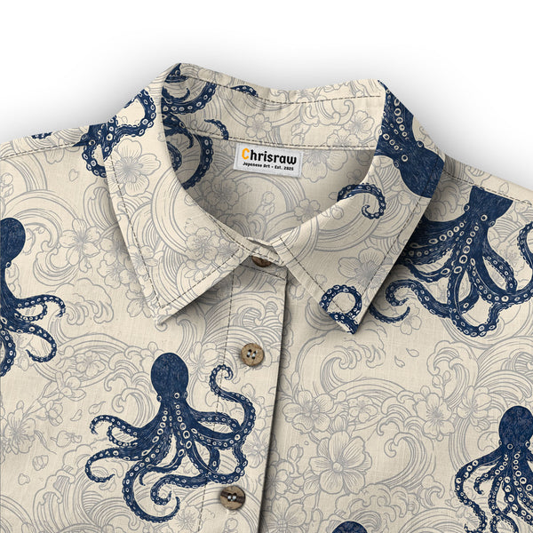 Chrisraw Women's Japanese Octopus Wave Ukiyo-e Short Sleeves Shirt