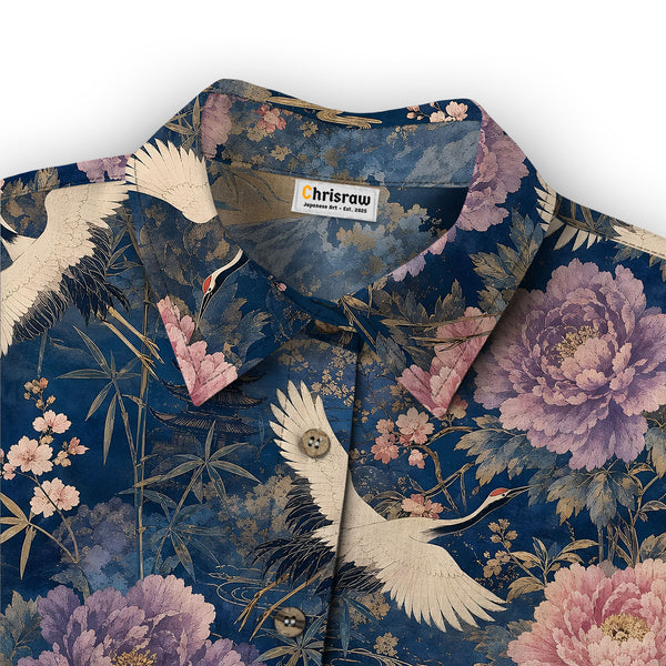 Chrisraw Women's Japanese Cranes of Edo Ukiyo-e Short Sleeves Shirt