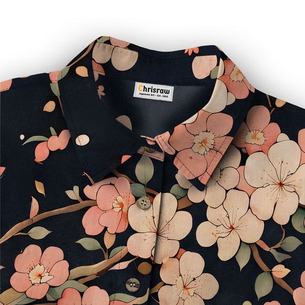 Chrisraw Women's Japanese Blooming Sakura Ukiyo-e Short Sleeves Shirt