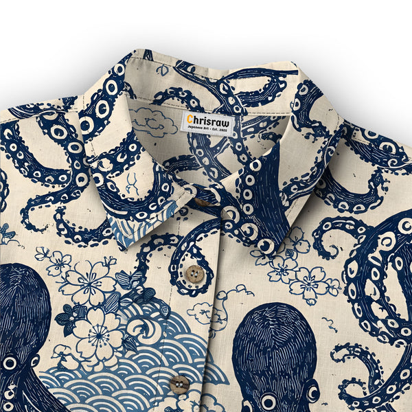 Chrisraw Women's Japanese Blue Ocean Octopus Ukiyo-e Short Sleeves Shirt