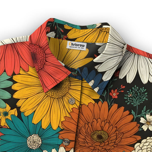 Chrisraw Women's Japanese Colorful Chrysanthemums Ukiyo-e Short Sleeves Shirt