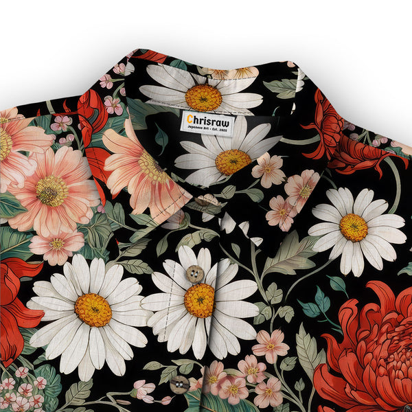 Chrisraw Women's Japanese Crimson Daisy Ukiyo-e Short Sleeves Shirt
