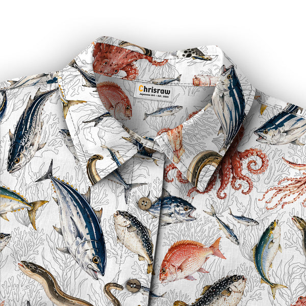 Chrisraw Women's Japanese Sea Fish Ukiyo-e Short Sleeves Shirt