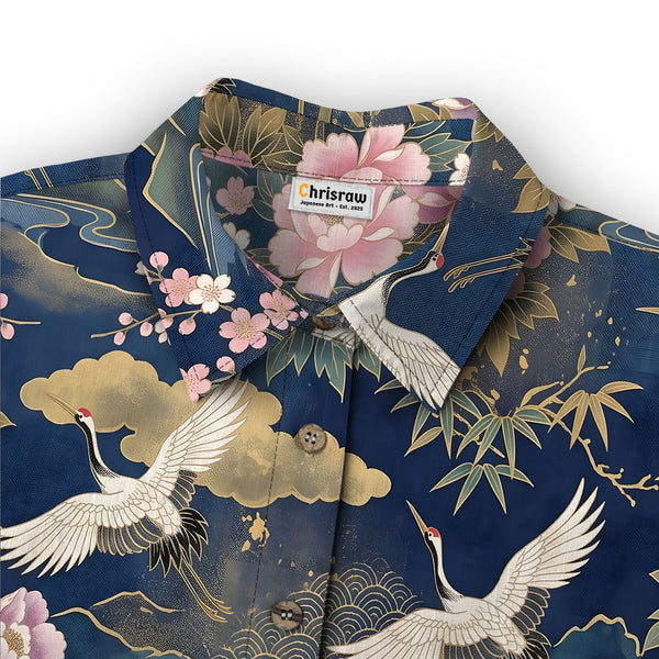 Chrisraw Women's Japanese Cranes of Edo Ukiyo-e Short Sleeves Shirt