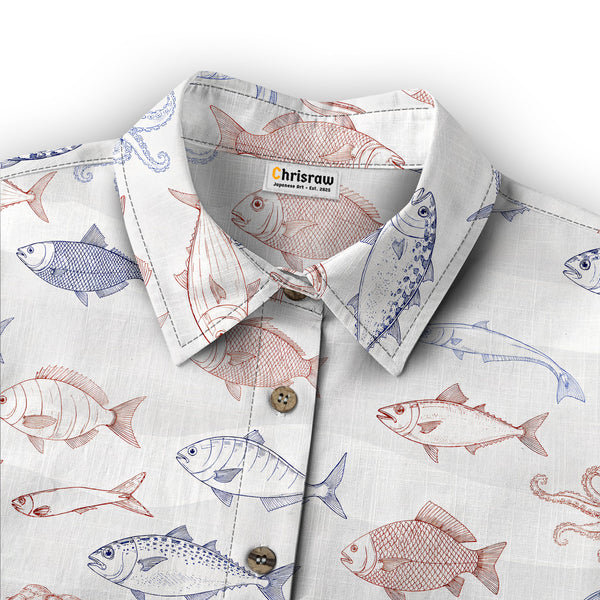 Chrisraw Women's Japanese Sea Fish Ukiyo-e Short Sleeves Shirt