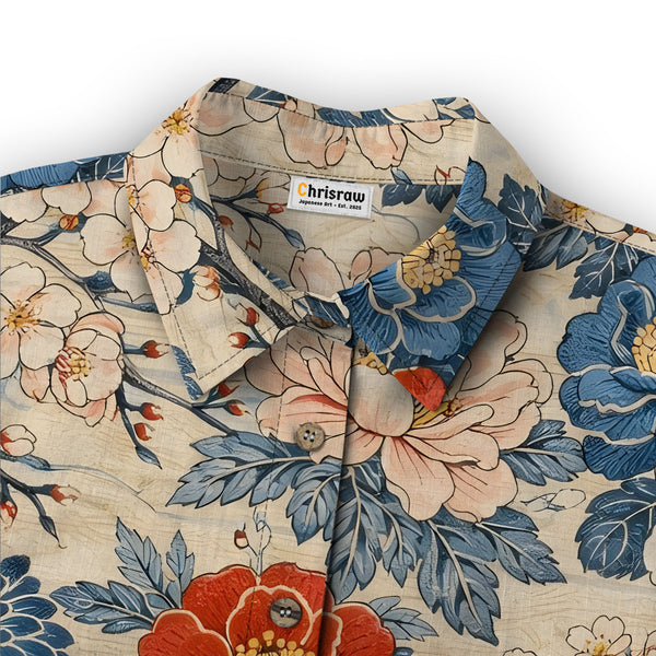 Chrisraw Women's Japanese Vibrant Floral Ukiyo-e Short Sleeves Shirt