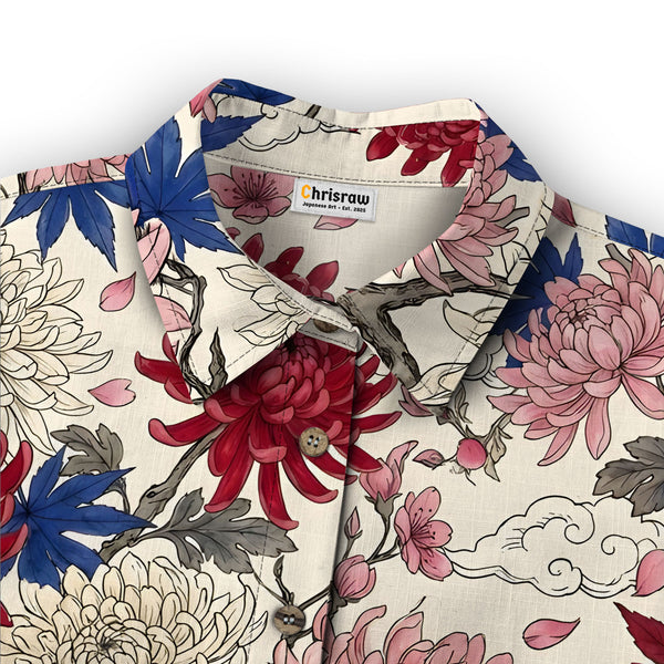 Chrisraw Women's Japanese Vibrant Floral Ukiyo-e Short Sleeves Shirt