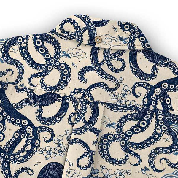 Chrisraw Kid's Japanese Blue Ocean Octopus Ukiyo-e Short Sleeves Shirt