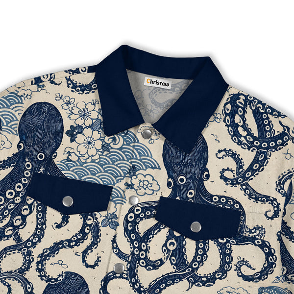 Chrisraw Japanese Blue Ocean Octopus Ukiyo-e Canvas Jacket  | All-Over Print Cotton Jacket