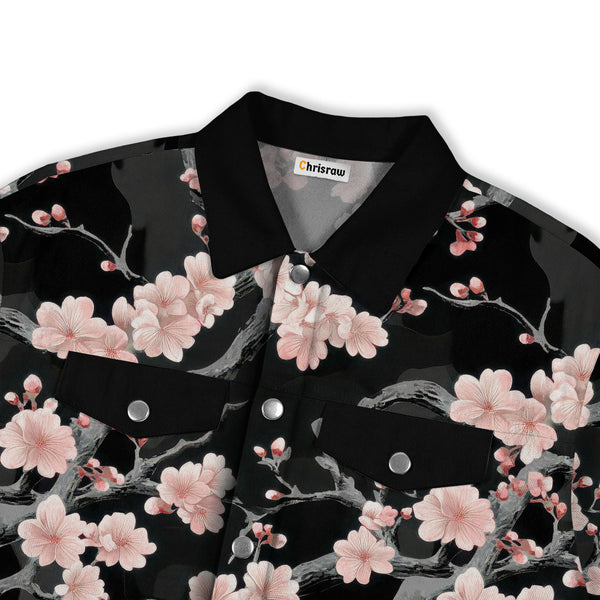 Chrisraw Cherry Blossom Branches On Black Canvas Jacket | All-Over Print Cotton Jacket
