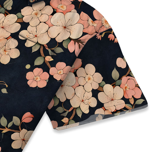 Chrisraw Men's Japanese Blooming Sakura Ukiyo-e Short Sleeves Shirt