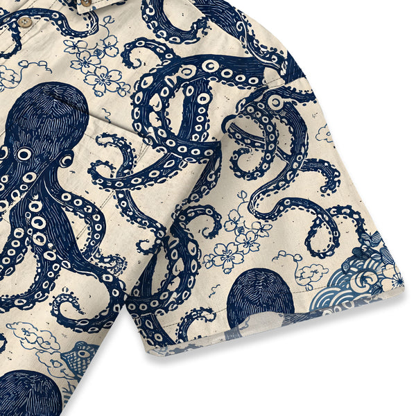 Chrisraw Men's Japanese Blue Ocean Octopus Ukiyo-e Short Sleeves Shirt