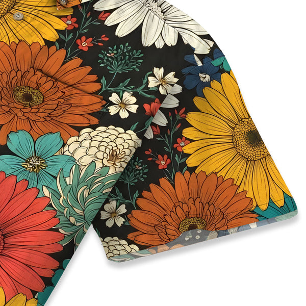 Chrisraw Men's Japanese Colorful Chrysanthemums Ukiyo-e Short Sleeves Shirt