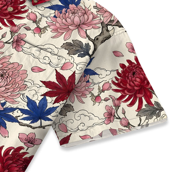 Chrisraw Men's Japanese Vibrant Floral Ukiyo-e Short Sleeves Shirt