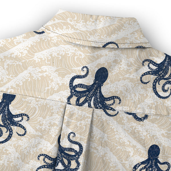 Chrisraw Women's Japanese Octopus Wave Ukiyo-e Short Sleeves Shirt