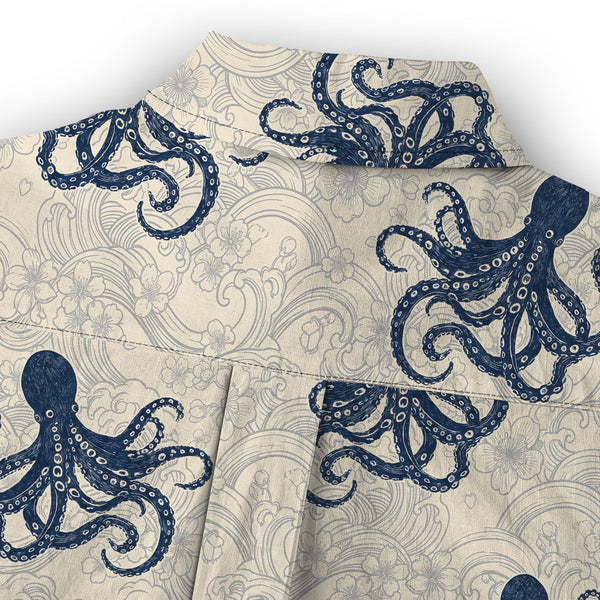 Chrisraw Women's Japanese Octopus Wave Ukiyo-e Short Sleeves Shirt