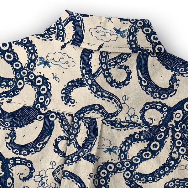 Chrisraw Women's Japanese Blue Ocean Octopus Ukiyo-e Short Sleeves Shirt