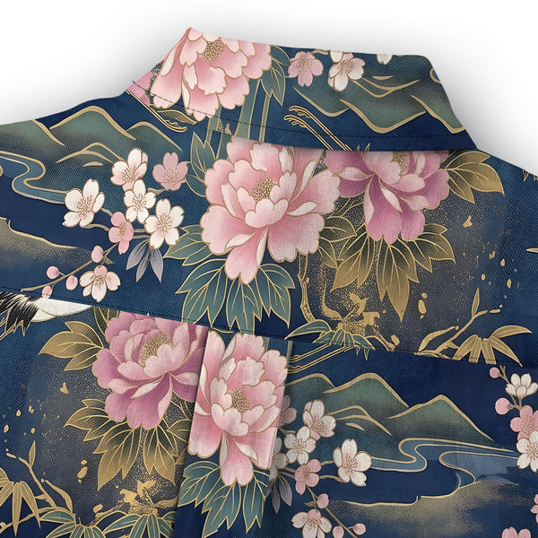 Chrisraw Women's Japanese Cranes of Edo Ukiyo-e Short Sleeves Shirt