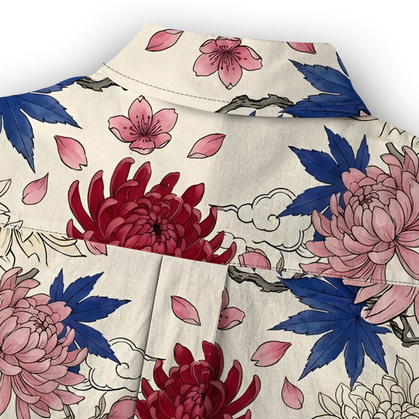 Chrisraw Women's Japanese Vibrant Floral Ukiyo-e Short Sleeves Shirt