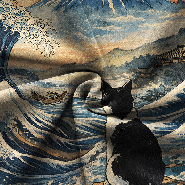 Chrisraw Cat Looking At The Great Wave Hawaiian Shirt