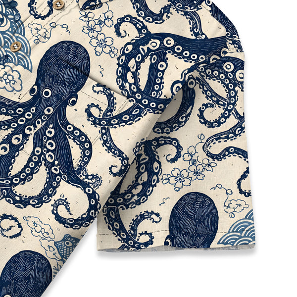 Chrisraw Kid's Japanese Blue Ocean Octopus Ukiyo-e Short Sleeves Shirt