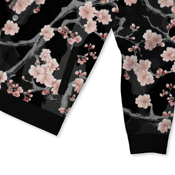 Chrisraw Cherry Blossom Branches On Black Canvas Jacket | All-Over Print Cotton Jacket