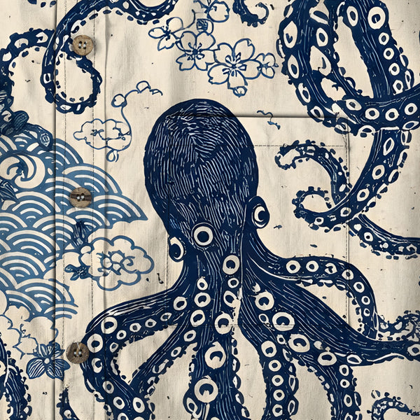 Chrisraw Men's Japanese Blue Ocean Octopus Ukiyo-e Short Sleeves Shirt