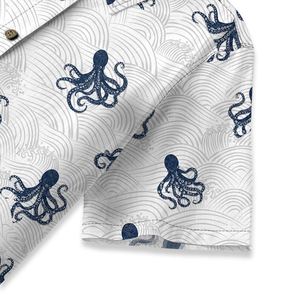 Chrisraw Women's Japanese Octopus Wave Ukiyo-e Short Sleeves Shirt
