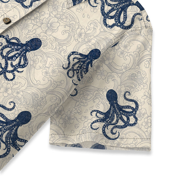 Chrisraw Women's Japanese Octopus Wave Ukiyo-e Short Sleeves Shirt