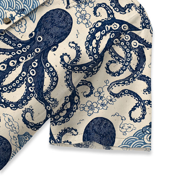 Chrisraw Women's Japanese Blue Ocean Octopus Ukiyo-e Short Sleeves Shirt