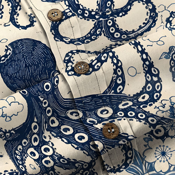 Chrisraw Men's Japanese Blue Ocean Octopus Ukiyo-e Short Sleeves Shirt