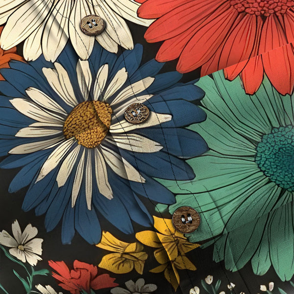 Chrisraw Men's Japanese Colorful Chrysanthemums Ukiyo-e Short Sleeves Shirt