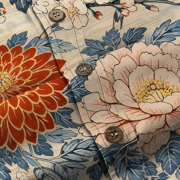 Chrisraw Men's Japanese Vibrant Floral Ukiyo-e Short Sleeves Shirt