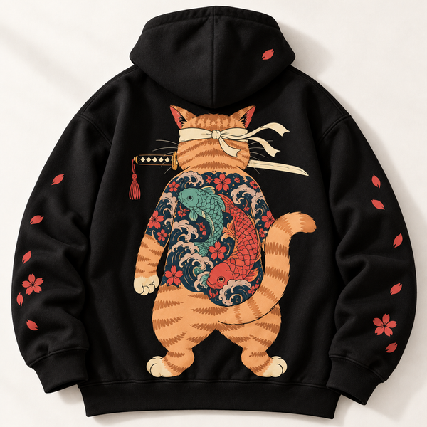 Chrisraw Neko Ronin Hoodie — Tattooed Cat Katana Irezumi Print
